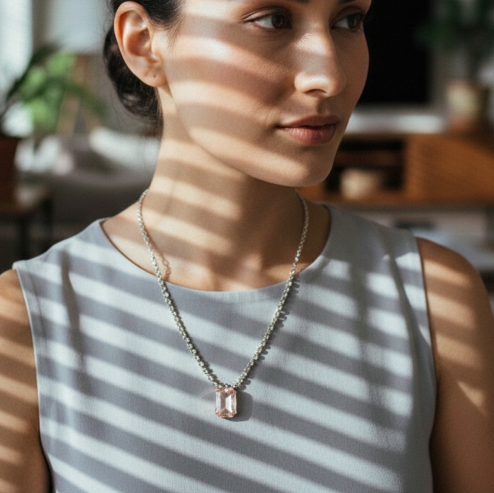 Ann Taylor Silver Chain Necklace with Pink Faceted Pendant